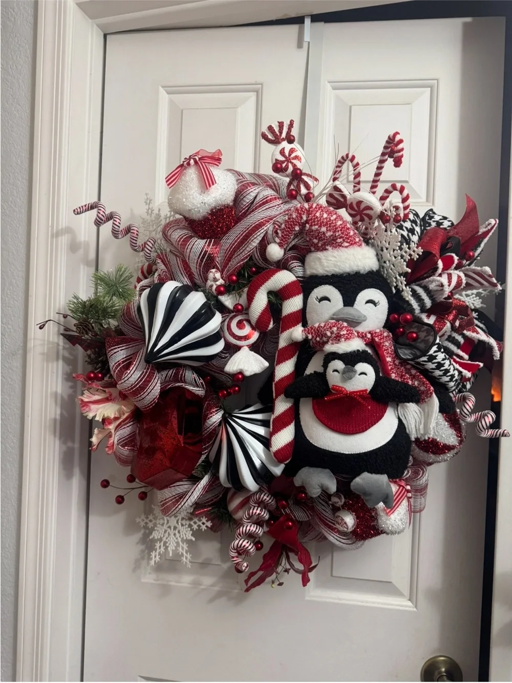 Festive Penguin Holiday Wreath in Red, White & Black